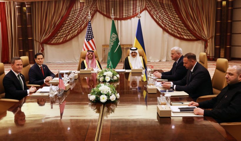 JEDDAH, SAUDI ARABIA - MARCH 11: (L-R) U.S. National Security Advisor Mike Waltz, U.S. Secretary of State Marco Rubio, Saudi Foreign Minister Faisal bin Farhan and National Security Advisor Mosaad bin Mohammad al-Aiban, Ukrainian Foreign Minister Andrii Sybiha, Ukrainian Head of Presidential Office Andriy Yermak and Ukrainian Minister of Defense Rustem Umerovto attend a meeting between the US and Ukraine hosted by the Saudis on March 11, 2025 in Jeddah, Saudi Arabia. An American delegation led by US Secretary of State Marco Rubio is in Jeddah to attend a high-stakes meeting with Ukrainian officials, in efforts to lay the groundwork for peace negations to end Russia's war in Ukraine. The talks come after Zelensky met with Saudi Crown Prince Mohammed bin Salman on Monday, and in the wake of a recent rift in US-Ukraine relations. (Photo by Salah Malkawi/Getty Images)