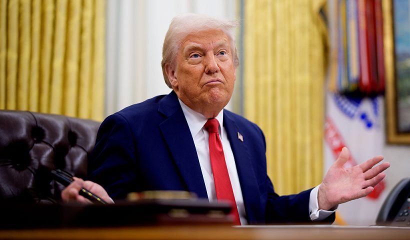 WASHINGTON, DC - MARCH 31: U.S. President Donald Trump gestures while speaking during an executive order signing event in the Oval Office of the White House on March 31, 2025 in Washington, DC. Trump has signed an executive order against ticket scalping and reforming the live entertainment ticket industry. (Photo by Andrew Harnik/Getty Images)