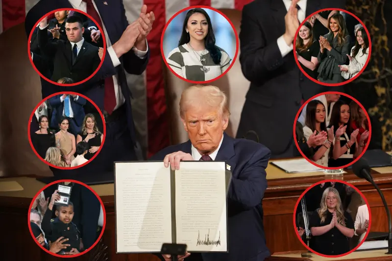 1| US President Donald Trump holds an executive order that renames a wildlife sanctuary in honor of the late Jocelyn Nungaray, a 12 year-old girl who was murdered by two undocumented migrants, during an address to a joint session of Congress at the US Capitol in Washington, DC, on March 4, 2025. (Photo by ALLISON ROBBERT / AFP) (Photo by ALLISON ROBBERT/AFP via Getty Images) 2| Jason Hartley (C) stands after US President Donald Trump announced that Hartley has been admitted to the US Military Academy West Point during Trump's address to a joint session of Congress in the House Chamber of the US Capitol in Washington, DC, on March 4, 2025. (Photo by Jim WATSON / AFP) (Photo by JIM WATSON/AFP via Getty Images) 3| Family members of Corey Comperatore, a firefighter who was killed by the gunman who attempted to assassinate President Trump during a campaign rally in Butler, Pennsylvania in July 2024, stand as US President Donald Trump recognize them during an address to a joint session of Congress in the House Chamber of the US Capitol in Washington, DC, on March 4, 2025. Comperatore's wife is Helen (R) and daughters Allyson and Kelly. (Photo by SAUL LOEB / AFP) (Photo by SAUL LOEB/AFP via Getty Images) 4| Allyson and Lauren Phillips, the mother and sister of Laken Riley applaud as U.S. President Donald Trump addresses a joint session of Congress at the U.S. Capitol on March 04, 2025 in Washington, DC. President Trump was expected to address Congress on his early achievements of his presidency and his upcoming legislative agenda. (Photo by Chip Somodevilla/Getty Images) 5| 13-year-old cancer survivor Devarjaye "DJ" Daniel is lifted up by his father Theodis Daniel after given credentials from US Secret Service Director Sean Curran after US President Donald Trump made him an honorary member of the US Secret Service during his address to a joint session of Congress at the US Capitol in Washington, DC, on March 4, 2025. (Photo by SAUL LOEB / AFP) (Photo by SAUL LOEB/AFP via Getty Images) 6| Payton McNabb (C) and Second Lady Usha Vance (R) attend U.S. President Donald Trump's address to a joint session of Congress at the U.S. Capitol on March 04, 2025 in Washington, DC. President Trump was expected to address Congress on his early achievements of his presidency and his upcoming legislative agenda. (Photo by Kayla Bartkowski/Getty Images) 7| US First Lady Melania Trump (2nd R) stands as she is recognized by US President Donald Trump during Trump's address to a joint session of Congress in the House Chamber of the US Capitol in Washington, DC, on March 4, 2025. (Photo by Jim WATSON / AFP) (Photo by JIM WATSON/AFP via Getty Images) 8| Alexis Nungaray (Photo via; White House)