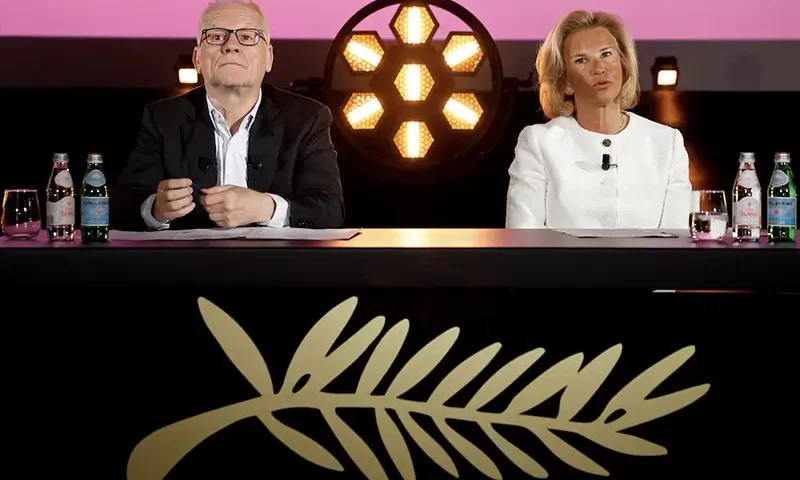 Cannes Film Festival General Delegate Thierry Fremaux and Cannes Film Festival President Iris Knobloch attend a press conference to present the official selection of the 78th Cannes International Film Festival in Paris, France, April 10, 2025. REUTERS/Stephanie Lecocq
