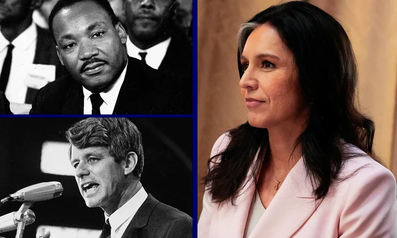 (L-Top) September 1964: American clergyman and civil rights campaigner Martin Luther King (1929 - 1968). (Photo by Keystone/Getty Images) / (L-Bottom) 1968: Senator Robert Kennedy speaking at an election rally. (Photo by Harry Benson/Express/Getty Images) / (R) WASHINGTON, DC - APRIL 10: Director of National Intelligence Tulsi Gabbard (R) sits next to Elon Musk, Tesla and SpaceX CEO and Senior Advisor to the President, at a Cabinet meeting at the White House on April 10, 2025 in Washington, DC. President Trump convened a Cabinet meeting a day after announcing a 90-day pause on ‘reciprocal’ tariffs with the exception of China. (Photo by Anna Moneymaker/Getty Images)