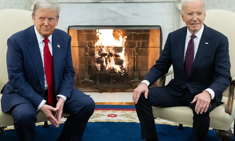 TOPSHOT - US President Joe Biden meets with US President-elect Donald Trump in the Oval Office of the White House in Washington, DC, on November 13, 2024. Trump thanked Biden for pledging a smooth transfer of power as the victorious Republican made a historic return visit to the White House on Wednesday. (Photo by SAUL LOEB / AFP) (Photo by SAUL LOEB/AFP via Getty Images)