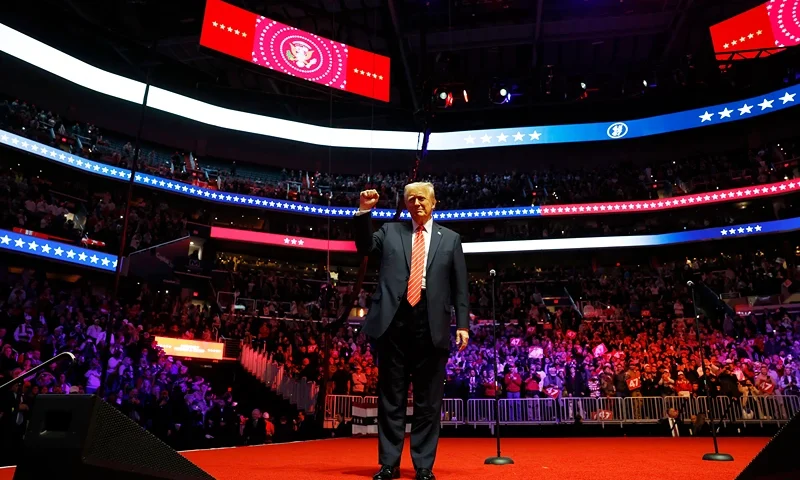 WASHINGTON, DC - JANUARY 19: President-Elect Donald Trump gestures to the crowd after his victory rally at the Capital One Arena on January 19, 2025 in Washington, DC. Trump will be sworn in as the 47th U.S. president on January 20. (Photo by Anna Moneymaker/Getty Images)