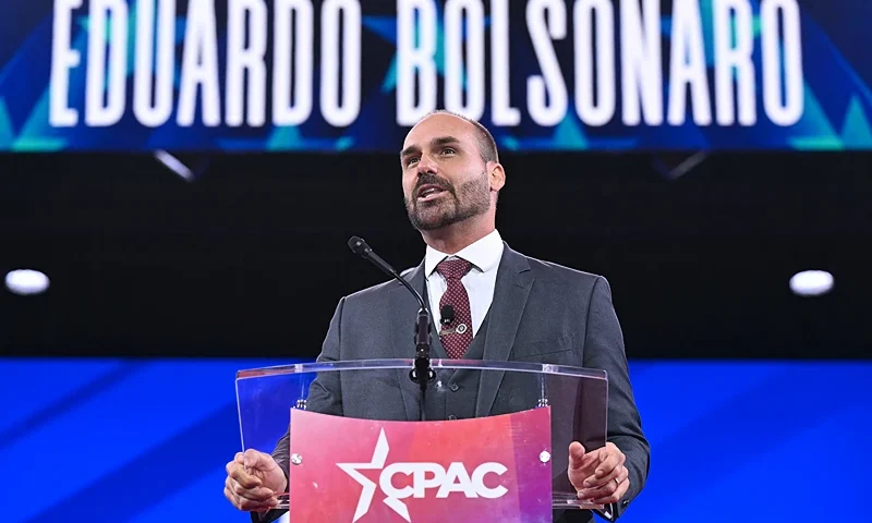 Brazilian politician Eduardo Bolsonaro, son of Jair Bolsonaro, speaks during the annual Conservative Political Action Conference (CPAC) at the Gaylord National Resort & Convention Center at National Harbor in Oxon Hill, Maryland, on February 20, 2025. (Photo by SAUL LOEB / AFP) (Photo by SAUL LOEB/AFP via Getty Images