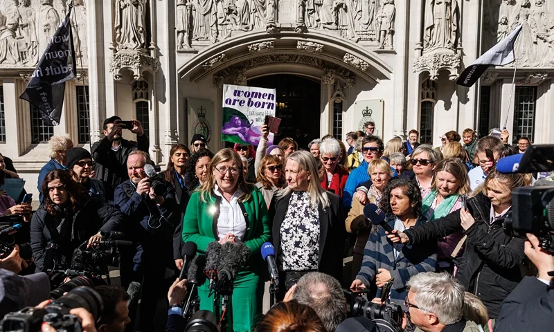 LONDON, ENGLAND - APRIL 16: Susan Smith (L) and Marion Calder, directors of 'For Women Scotland' speak to the media outside the Supreme Court on April 16, 2025 in London, England. The Supreme Court today ruled unanimously that "the terms 'woman' and 'sex' in the Equality Act 2010 refer to a biological woman and biological sex," in response to a long-running legal dispute between the activist group 'For Women Scotland' and the Scottish government over whether trans people with gender recognition certificates (GRC) identifying their gender as female were considered as having the sex of a woman. For Women Scotland had argued that sex-based protections should only apply to people born female. (Photo by Dan Kitwood/Getty Images)