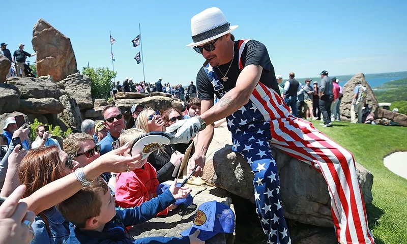 RIDGEDALE, MISSOURI - APRIL 28: Entertainer Kid Rock signs autographs during the final round of the PGA TOUR Champions Bass Pro Shops Legends of Golf at Big Cedar Lodge on April 28, 2019 in Ridgedale, Missouri. (Photo by Matt Sullivan/Getty Images)