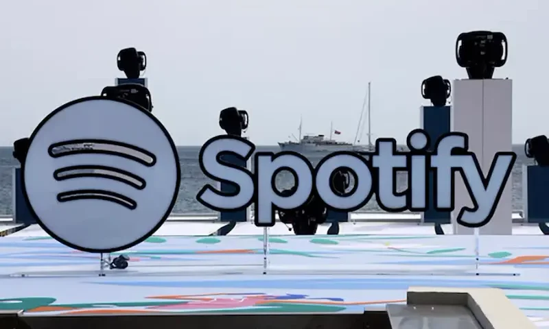 A logo of Spotify is seen on a beach during the Cannes Lions International Festival of Creativity in Cannes, France, June 20, 2023. REUTERS/Eric Gaillard/File Photo