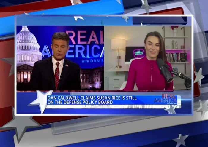 Video still from Real America on One America News Network showing a split screen of the host on the left side, and on the right side is the guest, Breanna Morello.